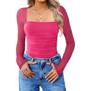 Women's Bodysuit Long Sleeve Neck Mesh Shirts Ruched Sexy Sheer Rosy Red Tops
